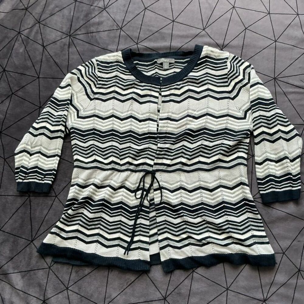 Navy Cream knit 3/4 sleeve striped cardigan top L peplum tie waist